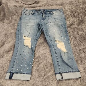 Kut from the Kloth Light Blue Pearl-Embellished Cropped Jeans